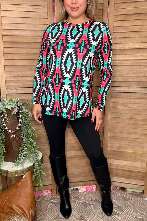Western aztec printed long sleeve women tunic XCH16591