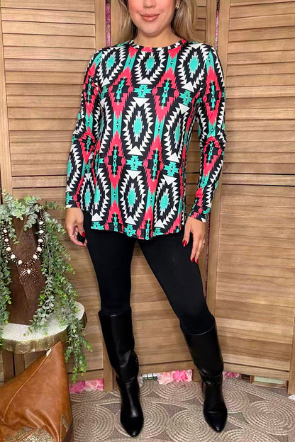 Western aztec printed long sleeve women tunic XCH16591