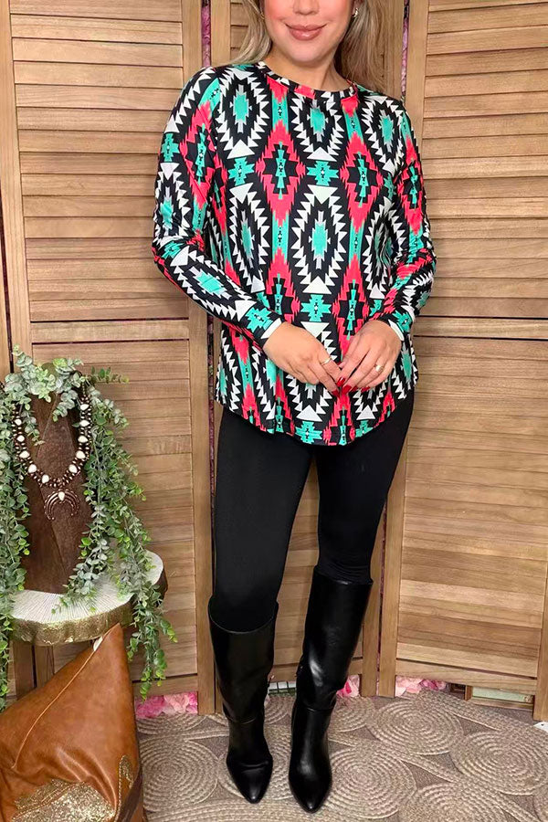 Western aztec printed long sleeve women tunic XCH16591