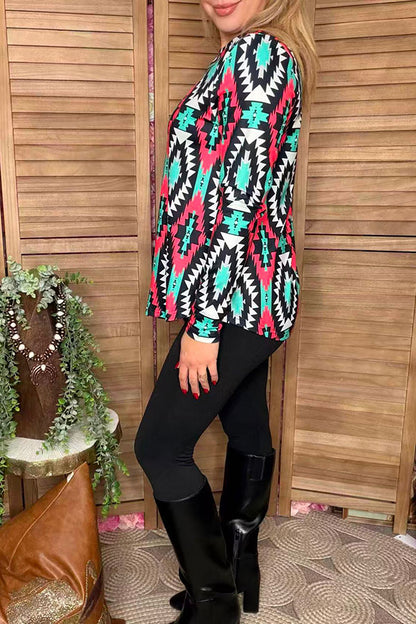 Western aztec printed long sleeve women tunic XCH16591