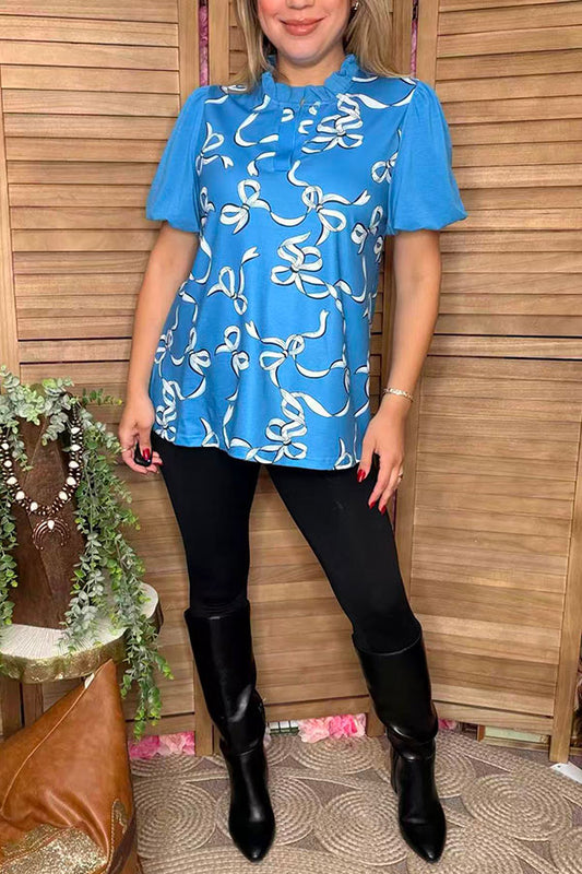 Blue bows printed puff short sleeve women shirts w/v-neckline XCH16669