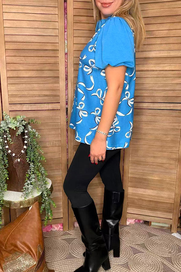 Blue bows printed puff short sleeve women shirts w/v-neckline XCH16669