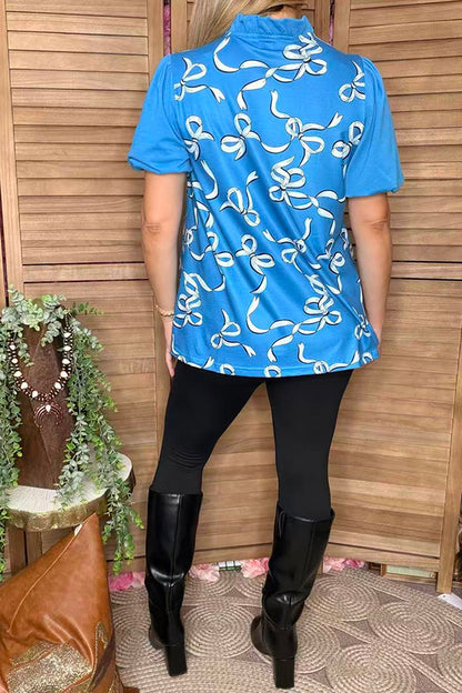 Blue bows printed puff short sleeve women shirts w/v-neckline XCH16669