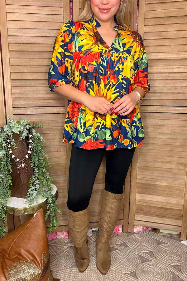 Floral printed half sleeve baby doll style women blouse XCH1666