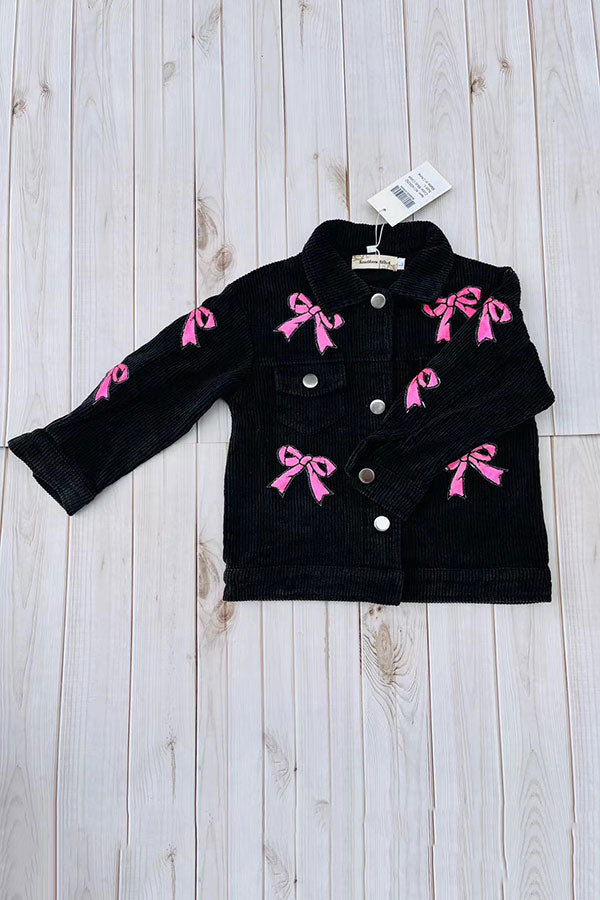 Pink sequin bow black corduroy long sleeve girls jacket XCH03032
