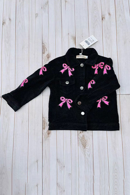 Pink sequin bow black corduroy long sleeve girls jacket XCH03032