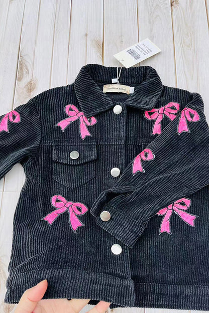 Pink sequin bow black corduroy long sleeve girls jacket XCH03032