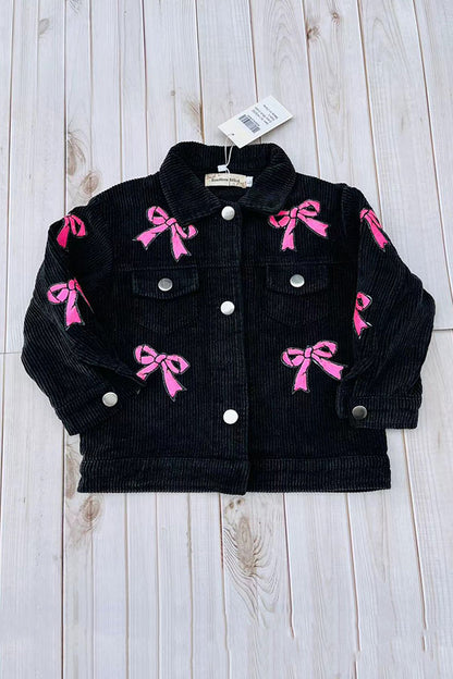 Pink sequin bow black corduroy long sleeve girls jacket XCH03032