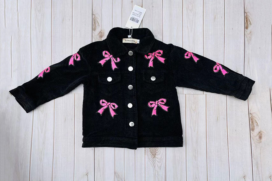 Pink sequin bow black corduroy long sleeve girls jacket XCH03032