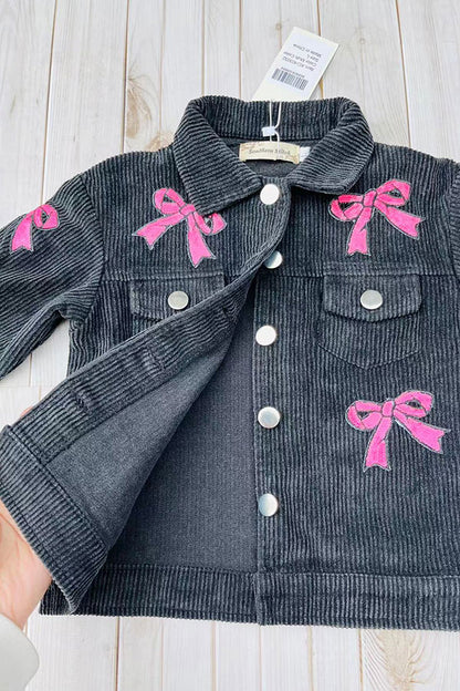 Pink sequin bow black corduroy long sleeve girls jacket XCH03032