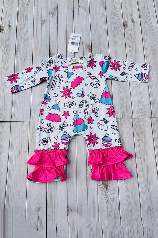 Christmas printed pink ruffle infant baby romper XCH05030