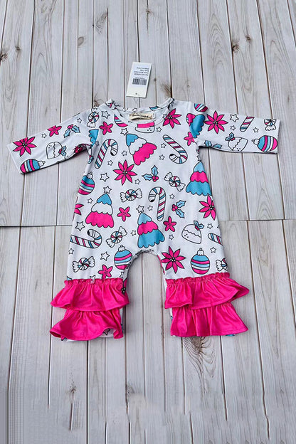 Christmas printed pink ruffle infant baby romper XCH05030