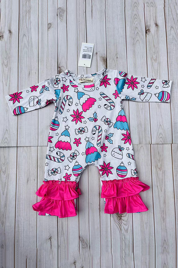 Christmas printed pink ruffle infant baby romper XCH05030