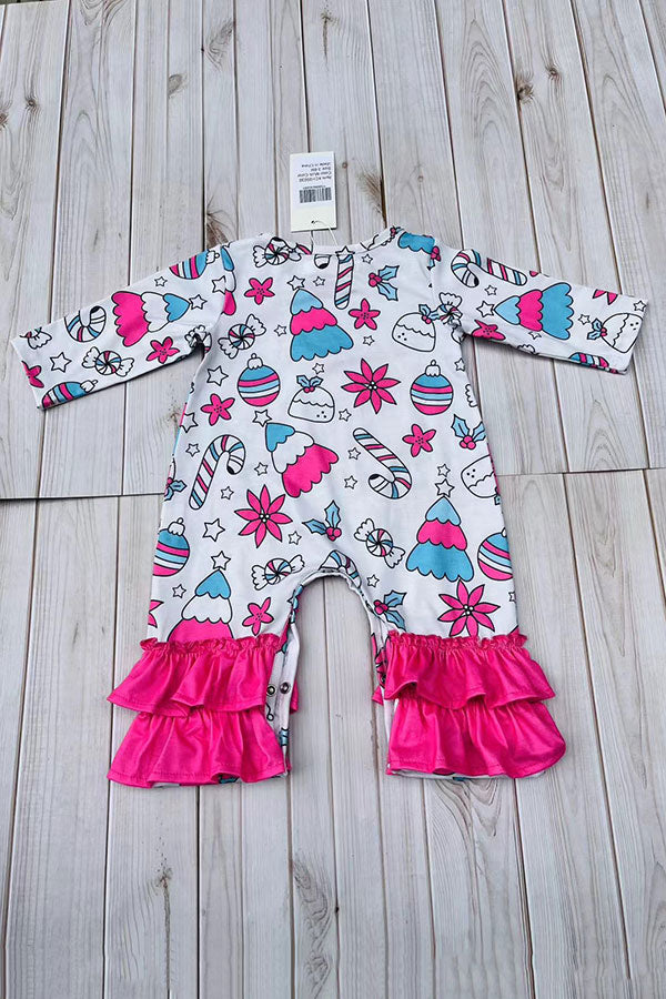 Christmas printed pink ruffle infant baby romper XCH05030