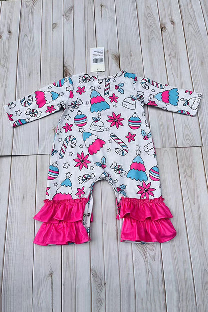 Christmas printed pink ruffle infant baby romper XCH05030