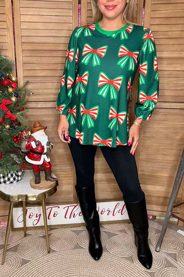 Christmas bow printed green long sleeve women shirts GJQ16690