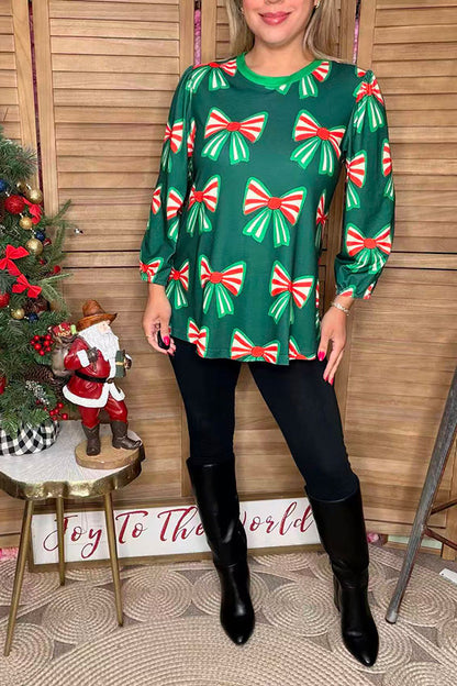 Christmas bow printed green long sleeve women shirts GJQ16690