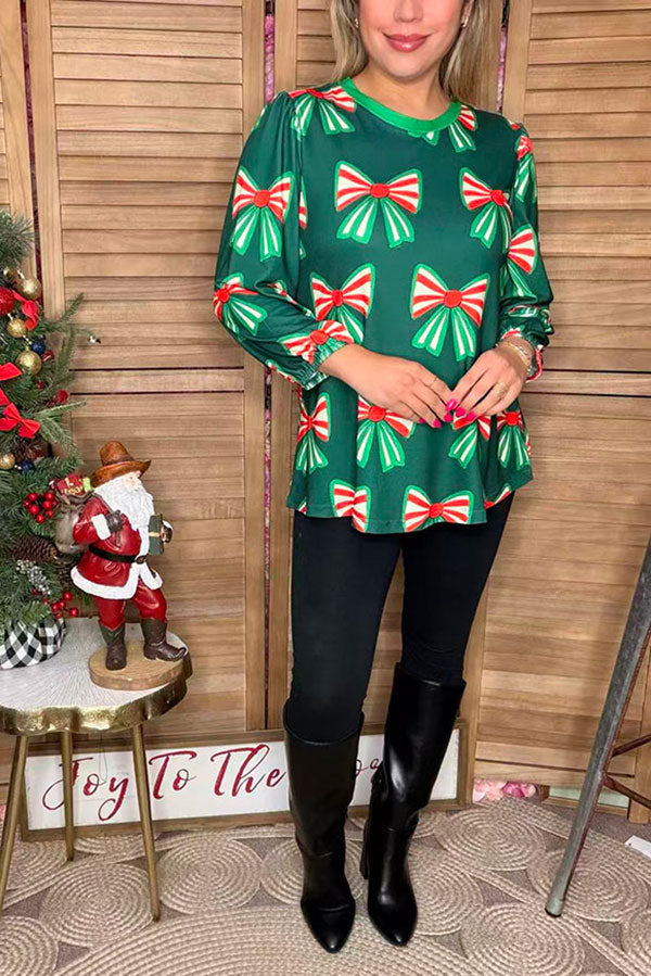 Christmas bow printed green long sleeve women shirts GJQ16690