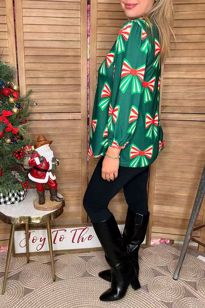 Christmas bow printed green long sleeve women shirts GJQ16690