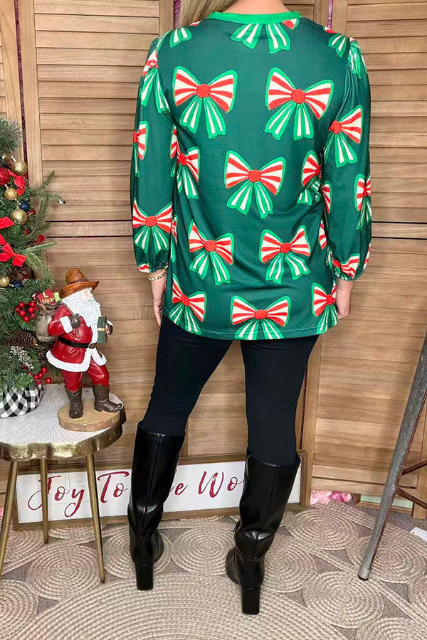 Christmas bow printed green long sleeve women shirts GJQ16690
