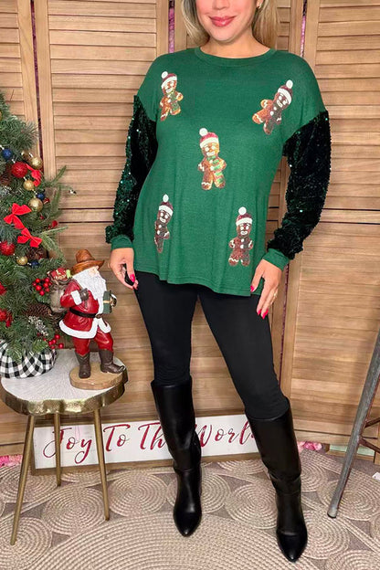 Christmas sequin patch green sequin long sleeve women shirts XCH16634