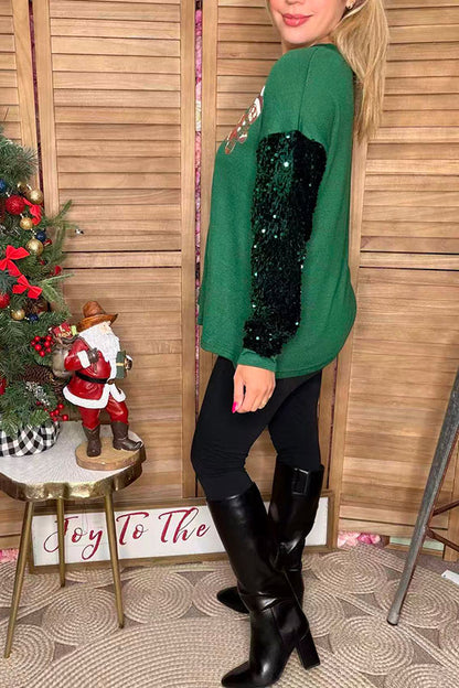 Christmas sequin patch green sequin long sleeve women shirts XCH16634