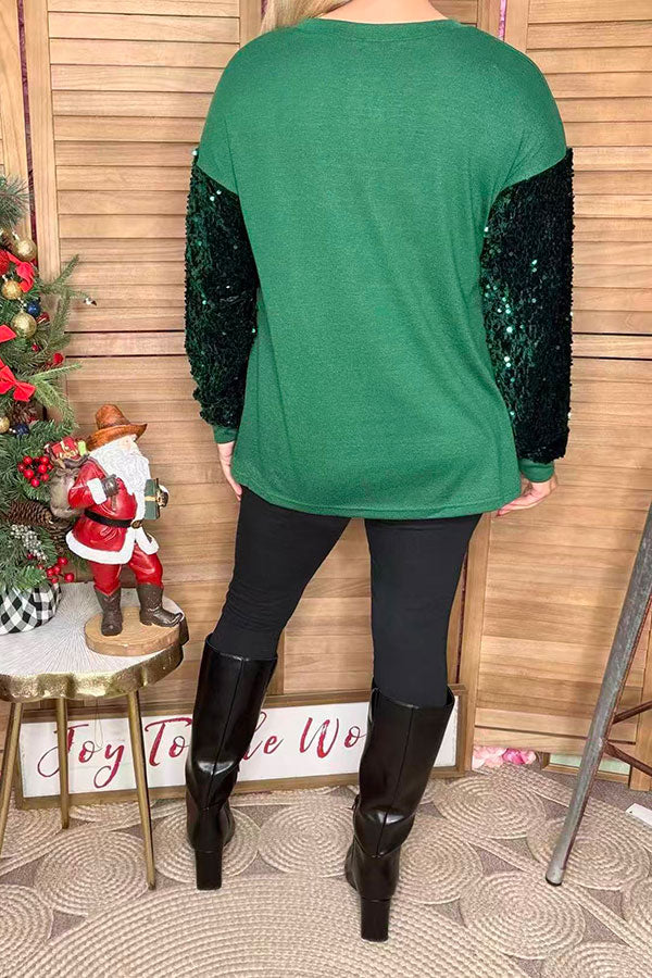 Christmas sequin patch green sequin long sleeve women shirts XCH16634