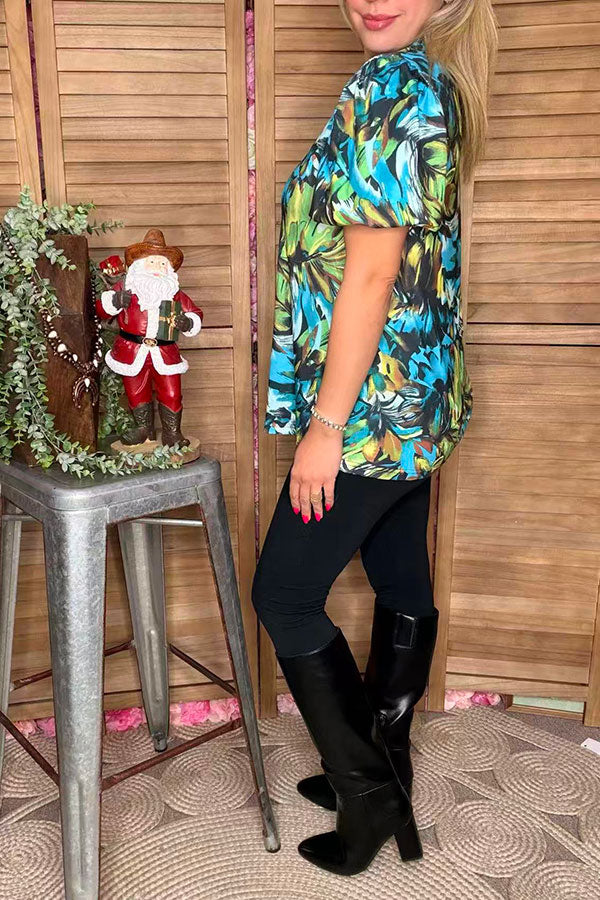 Green & Turquoise printed puff short sleeve women shirts GJQ16615