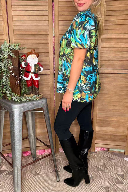 Green & Turquoise printed puff short sleeve women shirts GJQ16615