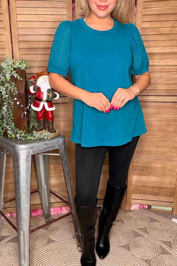 Turquoise eyelet lace puff short sleeves women top SP16421