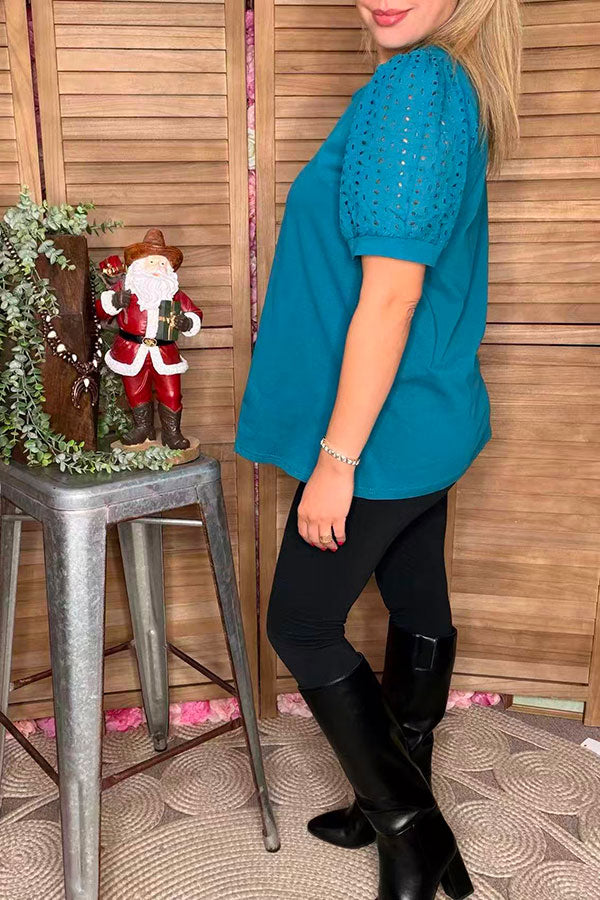 Turquoise eyelet lace puff short sleeves women top SP16421