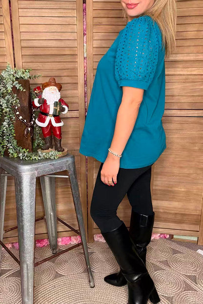 Turquoise eyelet lace puff short sleeves women top SP16421