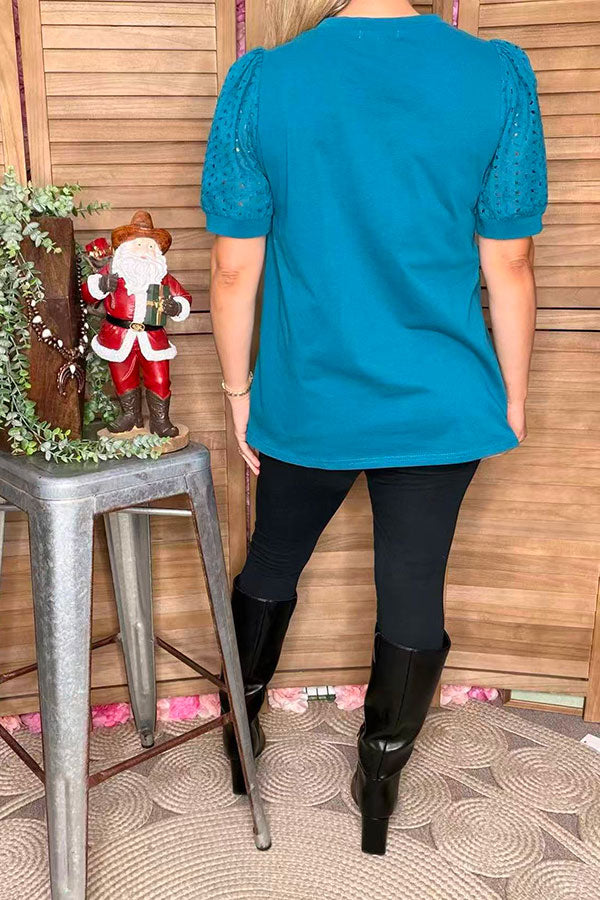 Turquoise eyelet lace puff short sleeves women top SP16421