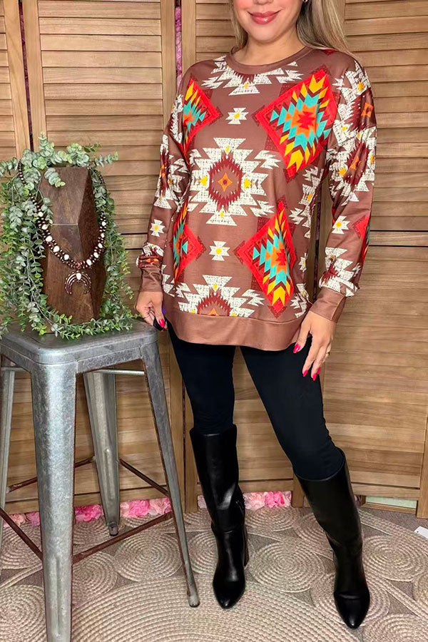 Western aztec printed brown long sleeve women shirts GJQ16493