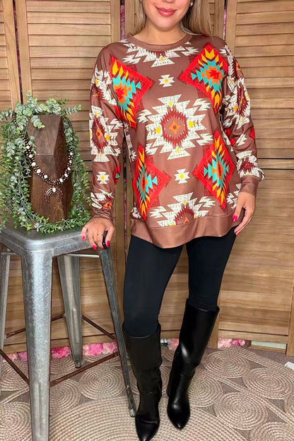 Western aztec printed brown long sleeve women shirts GJQ16493