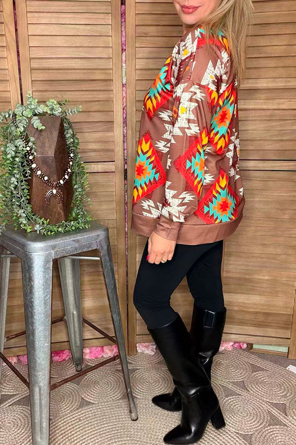 Western aztec printed brown long sleeve women shirts GJQ16493