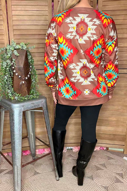 Western aztec printed brown long sleeve women shirts GJQ16493