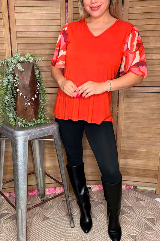 Floral printed bell sleeves orange women top w/v-neck GJQ16576