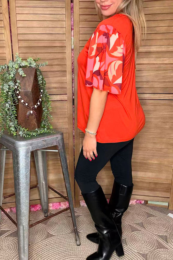Floral printed bell sleeves orange women top w/v-neck GJQ16576