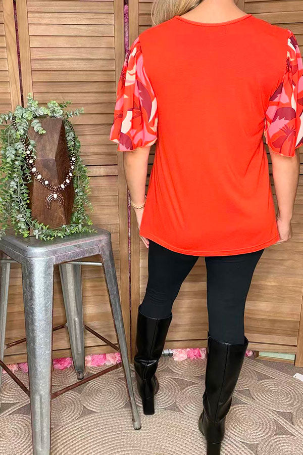 Floral printed bell sleeves orange women top w/v-neck GJQ16576