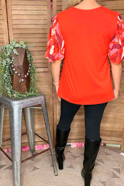 Floral printed bell sleeves orange women top w/v-neck GJQ16576