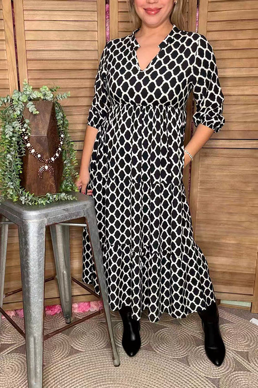 Plus size geometric printed half sleeves maxi women dress with pockets GJQ16747