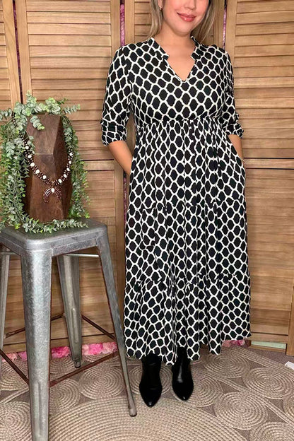 Plus size geometric printed half sleeves maxi women dress with pockets GJQ16747