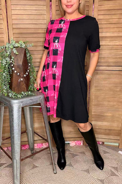 Western half pink plaid & horse riding & black women dress XCH14543
