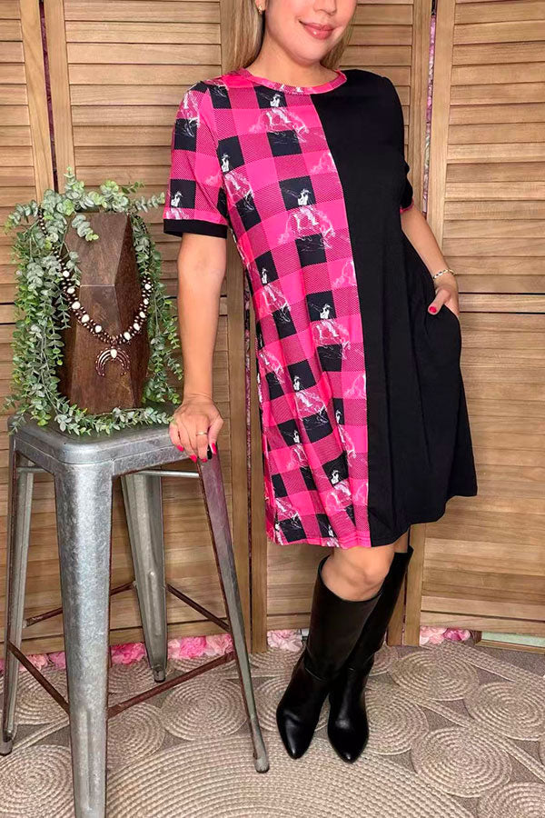 Western half pink plaid & horse riding & black women dress XCH14543
