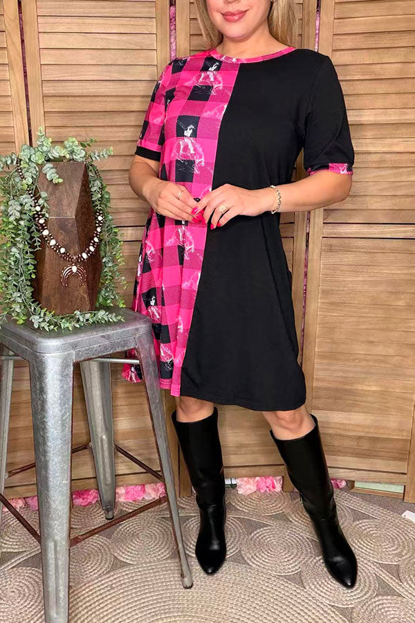 Western half pink plaid & horse riding & black women dress XCH14543