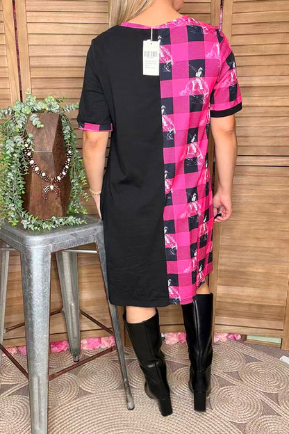 Western half pink plaid & horse riding & black women dress XCH14543