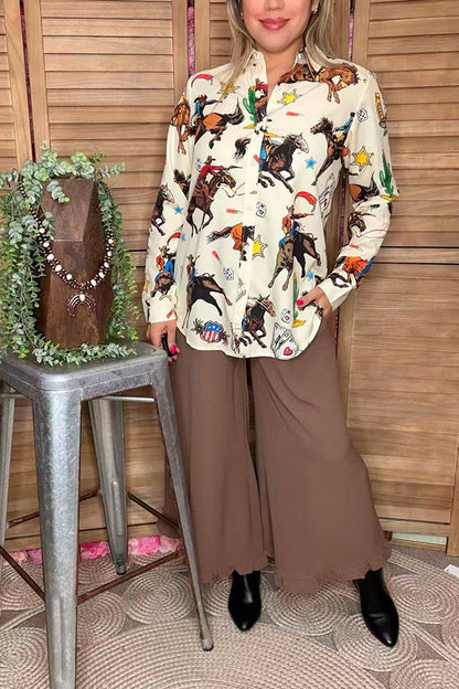 Western pattern printed beige long sleeve women shirts with buttons up GJQ16673