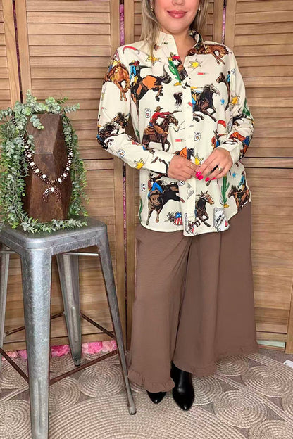 Western pattern printed beige long sleeve women shirts with buttons up GJQ16673