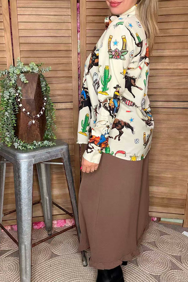 Western pattern printed beige long sleeve women shirts with buttons up GJQ16673